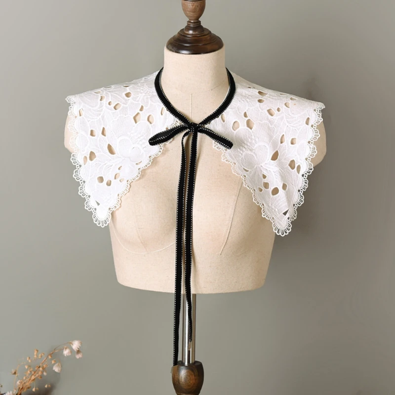 

2021 Vintage Style Womens Doll False Fake Collar Hollow Out Crochet Lace Half Shirt Necklace Shawl with Imitation Bowtie