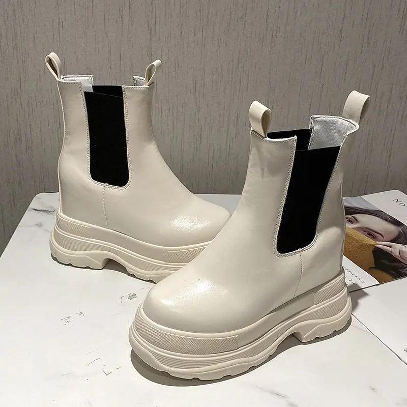 

Женские ботинки, сезон зима-осень 2021, Модные дышащие короткие ботинки на толстой подошве, повседневные ботильоны с круглым носком, высокие б...