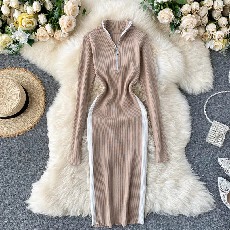 

Autumn Winter Long Sleeve Women Bodycon Knitted Dress Stand-up Collar Slim Knee Length Long Dresses Patchwork Ladies Pencil Dres
