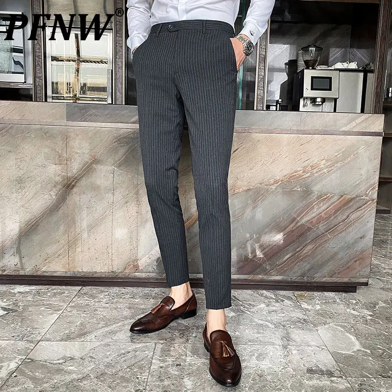 

PFNW Men's Slim Fitting Long Trousers Autumn Business Casual Striped Suit Pants All-match Elegant Cozy High Quality Clothes Z008