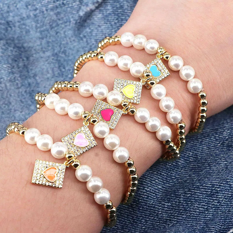 

5Pcs Exquisite Gold plated beaded chain bracelet with cubic zircon Heart Enamel Geometry Bracelets For Women Jewelry Gif