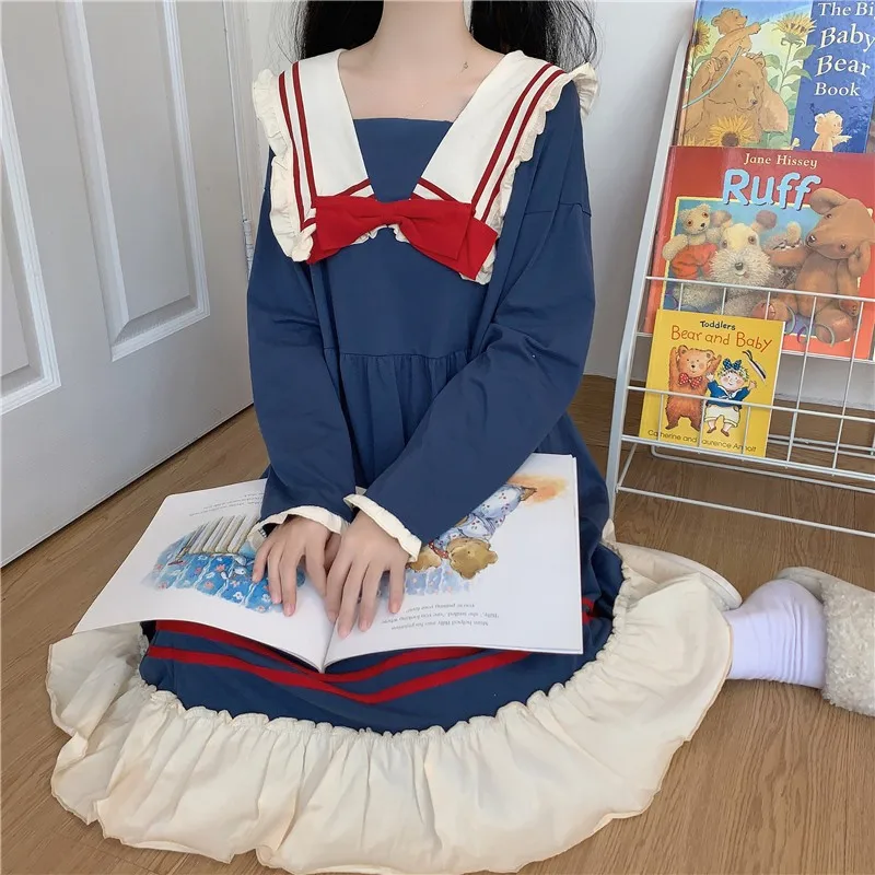 Женские Пижамы Голубое Платье Милая Ночная рубашка для девочек темно-синий