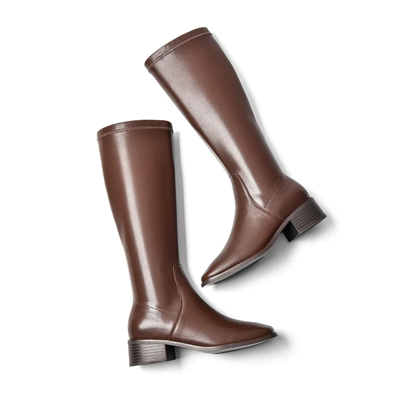 

2020 Autumn Winter New Knight Boots Genuine Leather Long Boots Flat Chunky Heel All-Matching Internet Celebrity Women High Boots