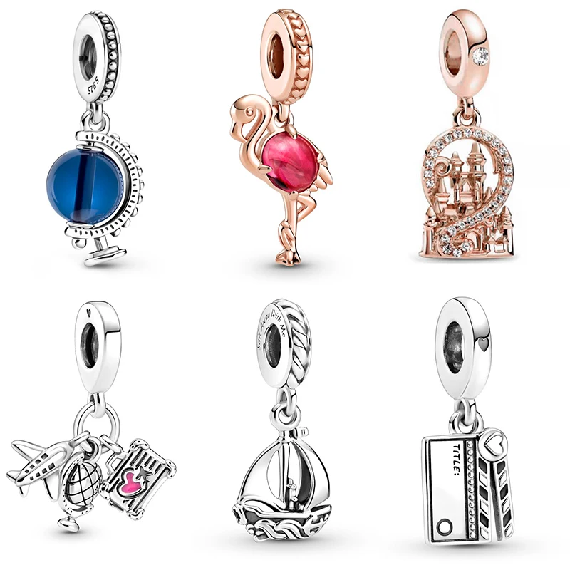 

925 Sterling Silver Flamingo Globe Aircraft Crystal Beads For Original Pandora Charms Women Bracelets & Bangles Jewelry