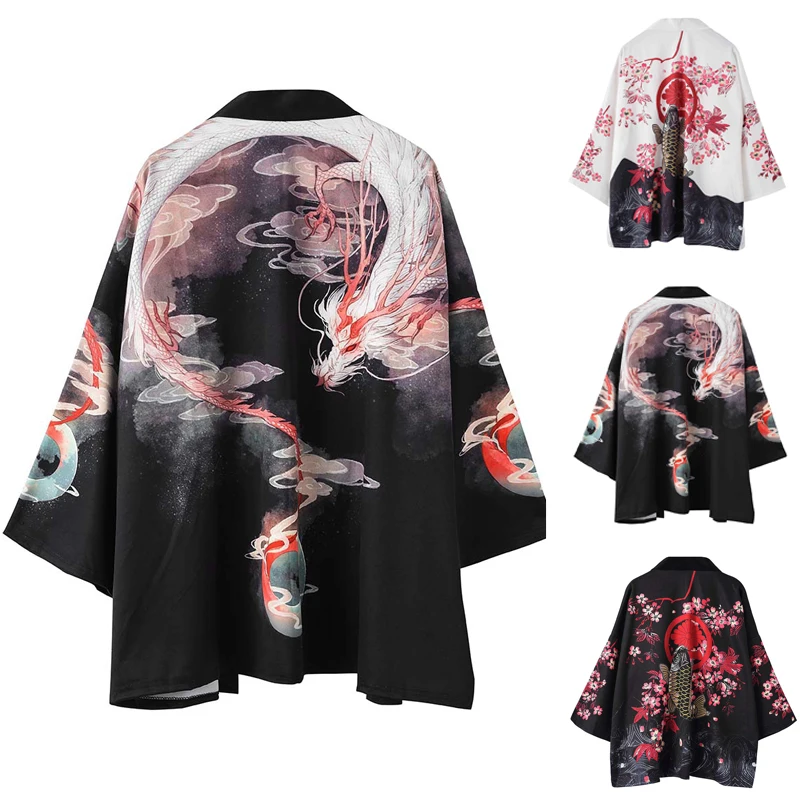 Кимоно мужское в японском стиле винтажный кардиган с принтом дракона и золотой