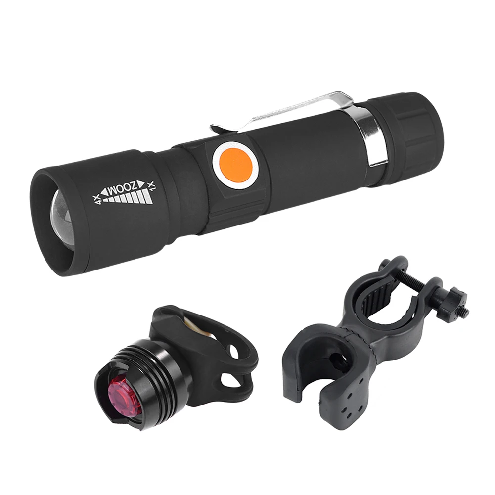 

Bike Bicycle Light Set USB Rechargeable LED Waterproof Zoom Headlight Rear Light with Flashlight Holder Bicycle Accessories