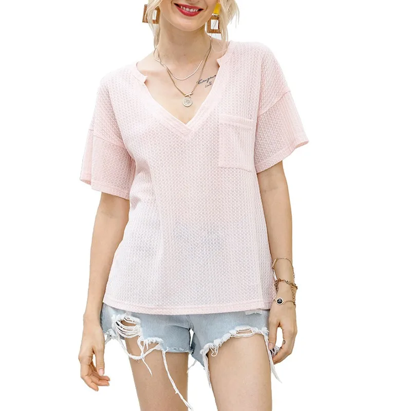 

Футболка женская однотонная с глубоким V-образным вырезом и коротким рукавом