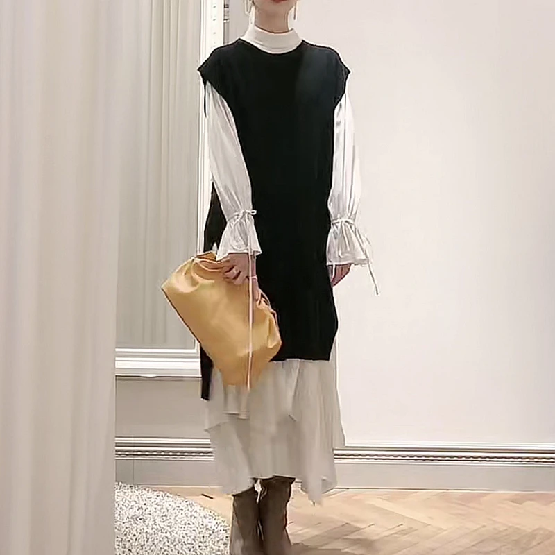 

2021 early spring new product Japanese irregular skirt knit waistcoat long-sleeved elegant dress suit