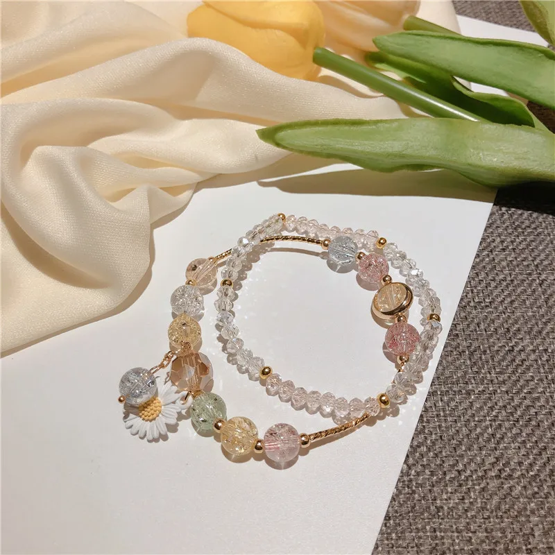 

2pcs Cute Sunflower Charms Bracelet Crystal Color Beads Bling Summer For Women Daisy Bracelet Yoga Wristband Jewelry Gift