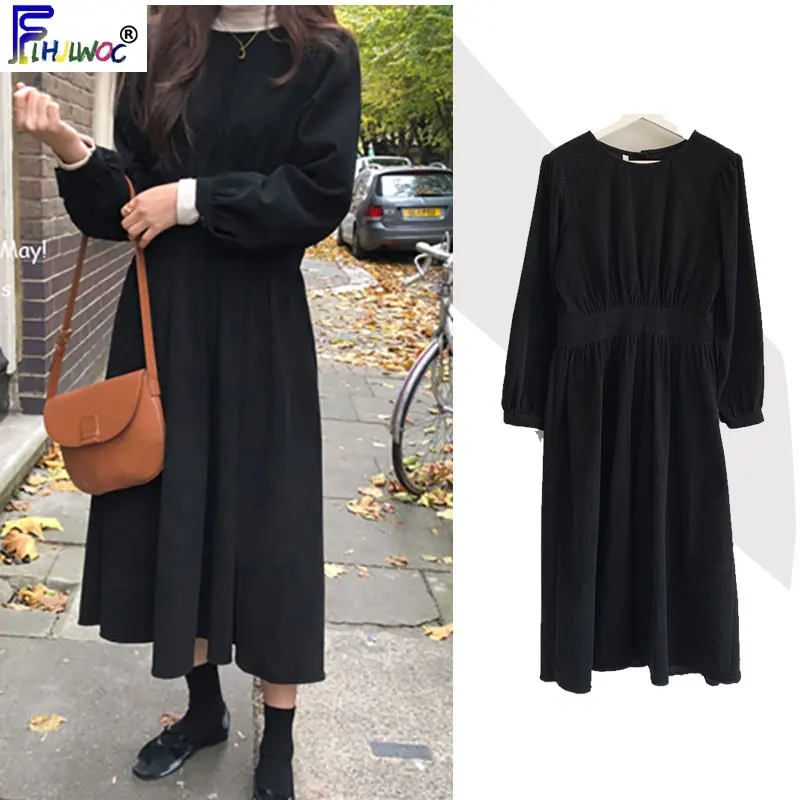 Длинные женские черные платья 2020 в корейском и японском стиле весеннее зимнее