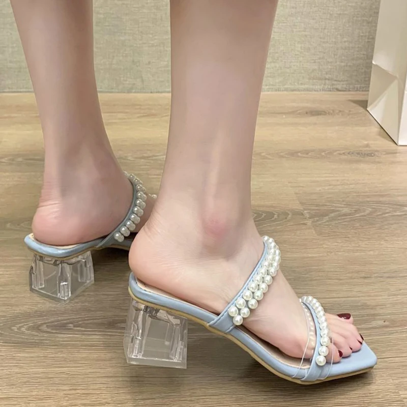 

Rimocy Transparent Pvc Pearl Slippers Women 2021 Fashion Strap Square Heels Jelly Shoes Woman Outdoor Open Toe Summer Sandals