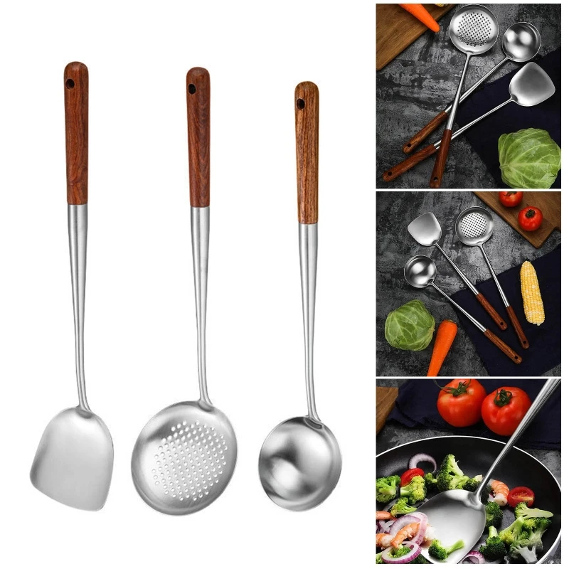 

3Pcs Wok Spatula Spoon Skimmer Ladle Set Durable Stainless Steel Cooking Utensil