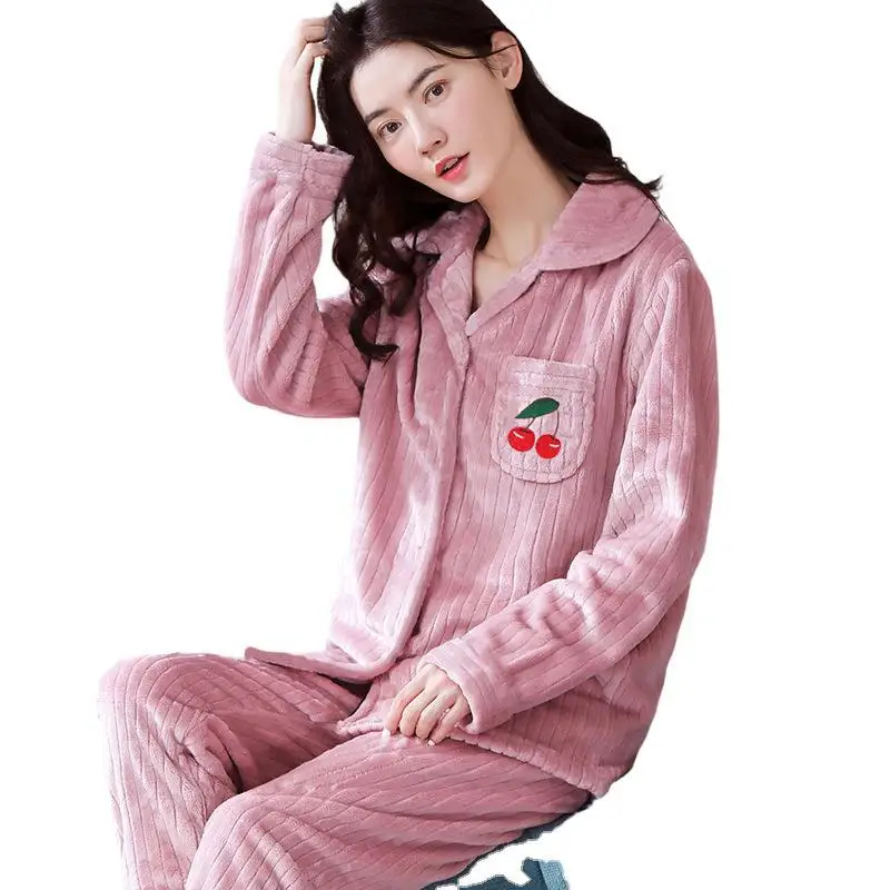 M-5XL Ladies Coral Fleece Fall/Winter New Style Youth Homewear Fashion Warm Pajama Set