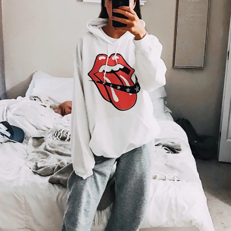 Женская толстовка модная длинный рукав свободная с капюшоном большим ртом