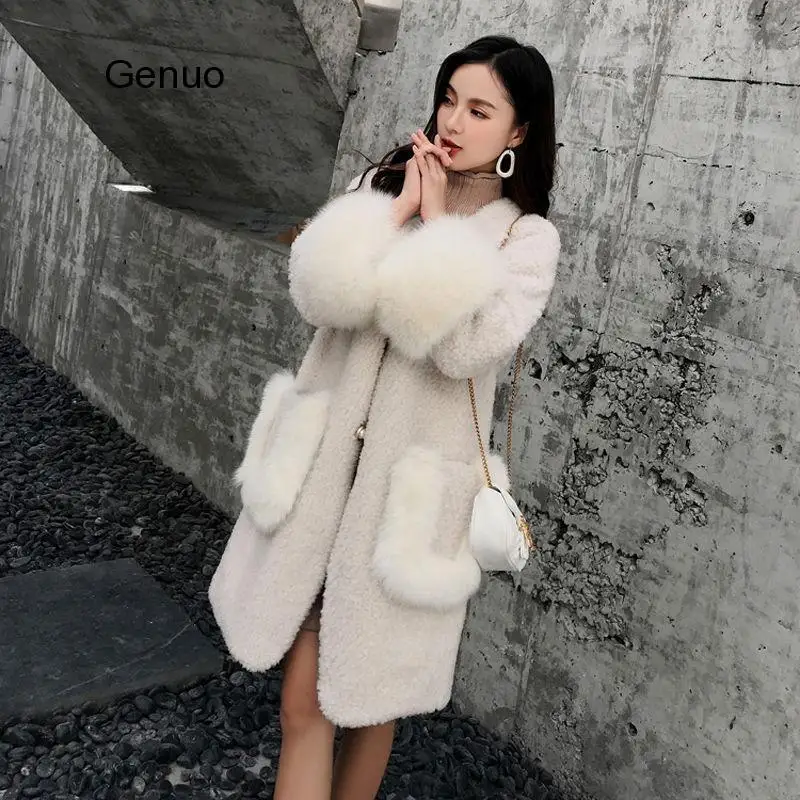 2020 Spring Women Solid Faux Fur Coats Lady Pockets Single Breastes Outwear Outerwear Female V-Neck Fur Jacket