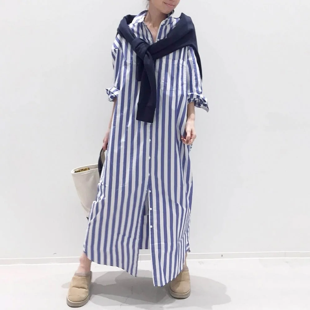 

Dress 2021 New Style Long-sleeved Maxi-length Button Ladies Fashion Dress Casual Mid-waist A-Line Dress Suit Spring Fall Wear