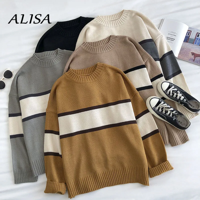 

New 2021 Autumn Winter Vintage Striped Sweater Women Loose Casual Pullover Sweater Woman Korean Fashion Harajuku Knitted Tops