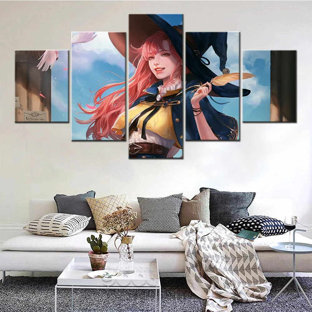 

Canvas Painting 5 Piece Japanese Anime Fantasy Pretty Girl Witch Painting Modern Abstract Picture Poster Living Room Wall Art
