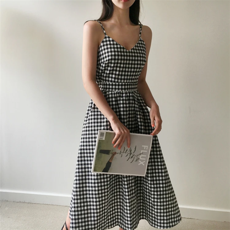 

Summer Women Dresses Plaid V-Neck Sleeveless Pleated High Waist Casual Lace Up Bow Cotton and Linen Long Dress 2021 New