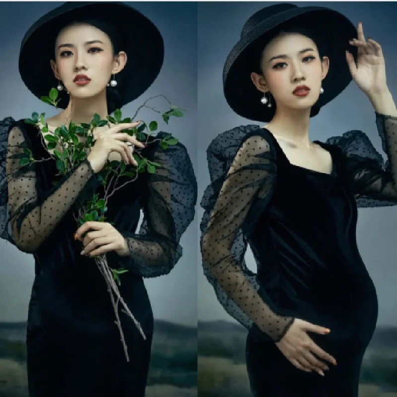 

Maternity Dress For Photo Shoot Black Full Sleeve Pregnant Women Partty Dress Lace Premama Clothes Long Skirt