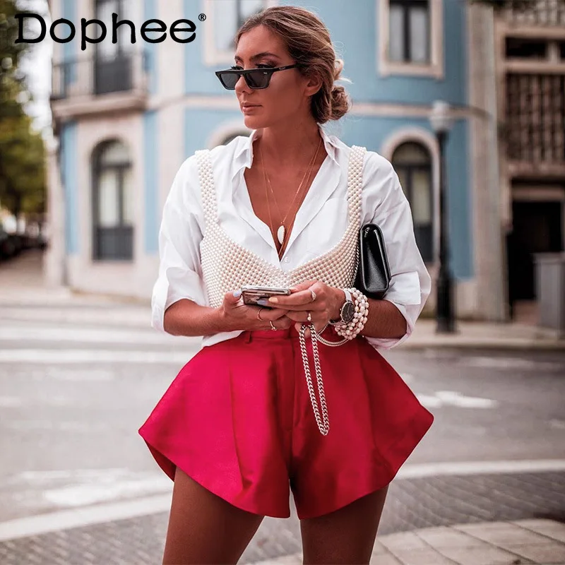 

2021 Spring Summer Solid Color Wide Leg Shorts Women's Button Horn Slimming Shorts Skirt High Waist Biker Short Pants Fashion