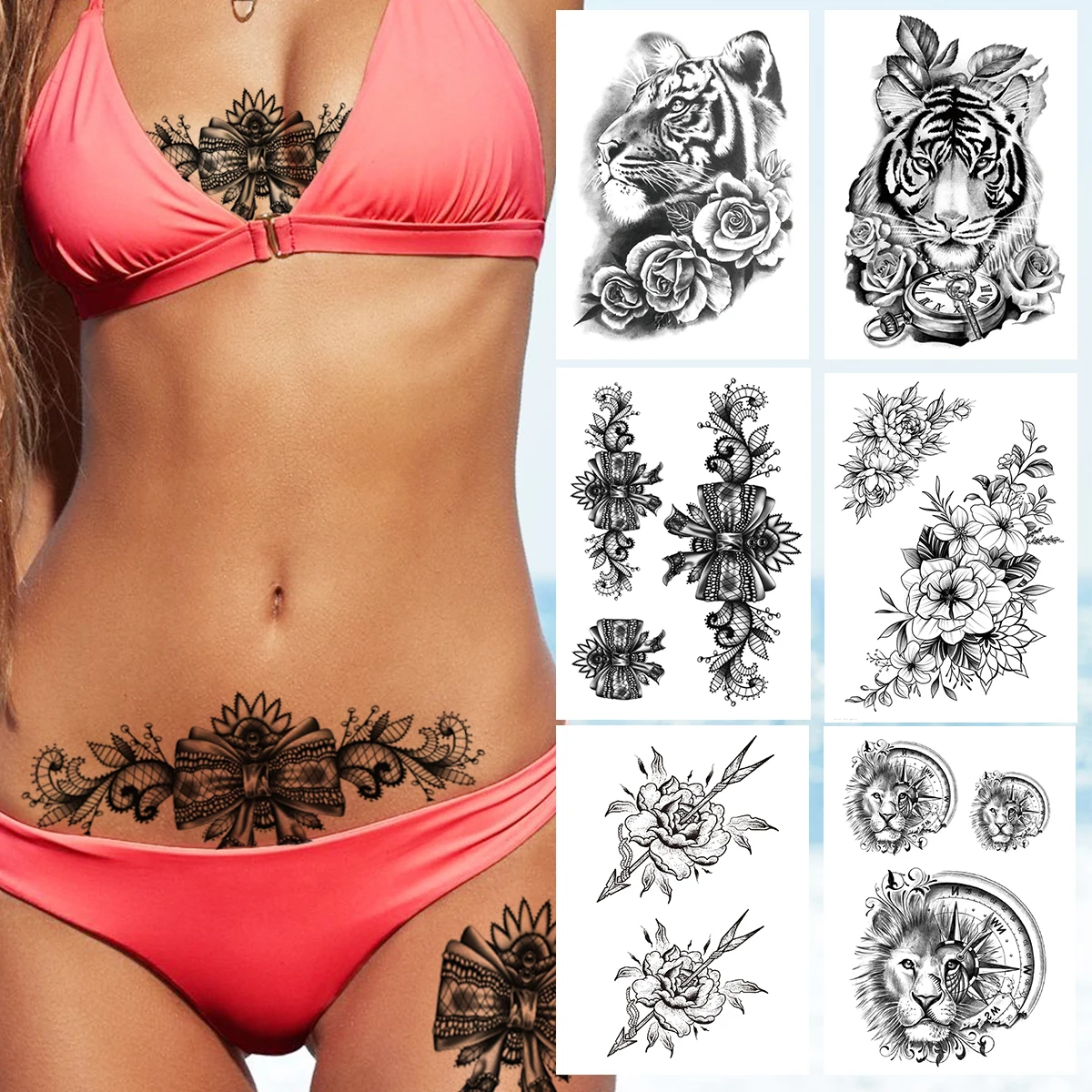 

Lace Bow Temporary Tattoos For Women Girl Adult Compass Fake Lion Tattoo Sticker Rose Flower Tiger Black Rosette Tatoos Body Art