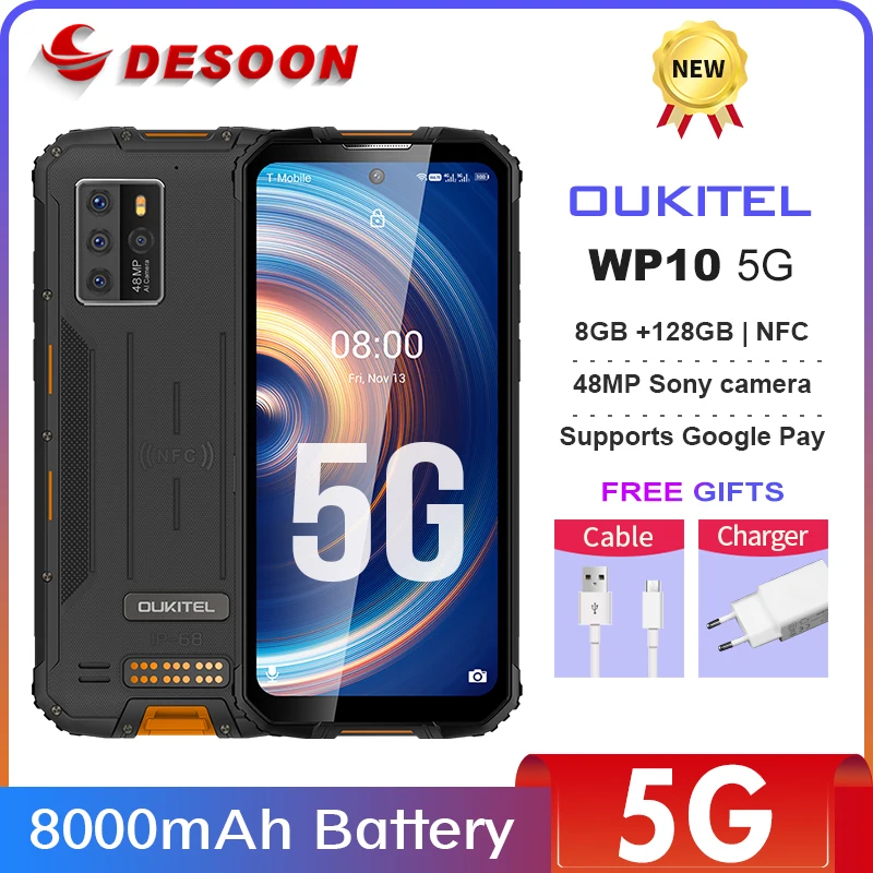 OUKITEL WP10 5G 6 67 ''Full HD Android 10 0 Hellio P35 Octa Core 8000 мА/ч 48MP Quad Camera 8 ГБ 128 IP68 прочный