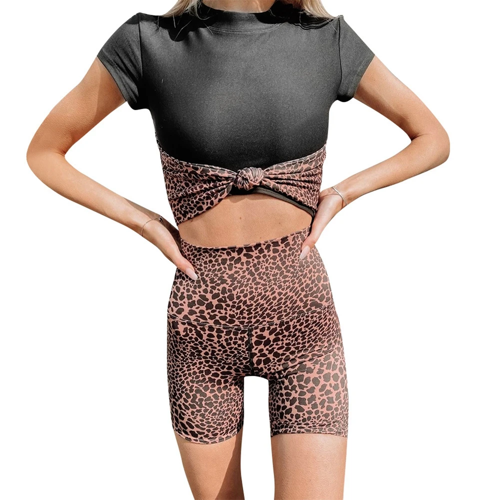 

2 Pieces Casual Suit Set for Women Leopard Print Round Neck Short Sleeve Crop Top+Pants( S/M/L/XL)