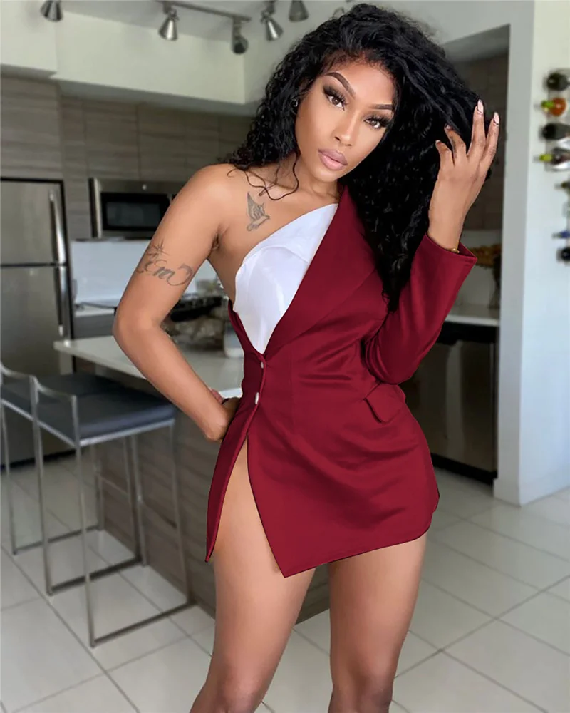 

Women One Shoulder Single-Breasted Slim Bodycon Mini Dress Color Block Patchwork Long Sleeve Blazer Dress