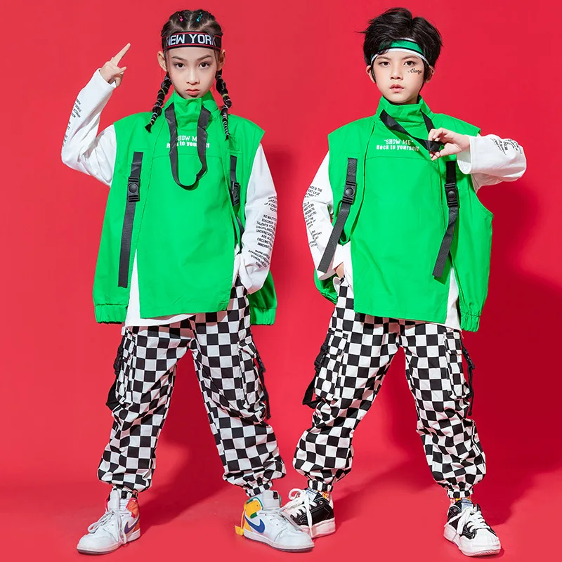

Kid Hip Hop Clothing Sleeveless Jacket Top Streetwear Checkered Tactical Cargo Jogger Pants for Girls Boys Dance Costume Clothes