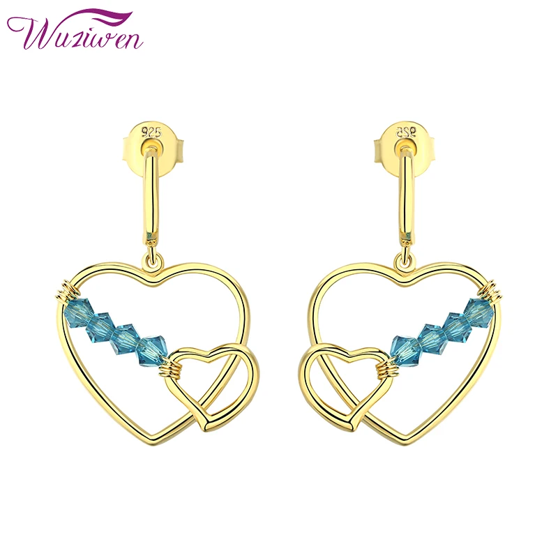 Wuziwen Золотые серьги с подвесками в форме сердца из стерлингового серебра 925 прозрачные синие кристаллы белого цвета AAA Кубический циркон уникальное ювелирное изделие для женщин.
