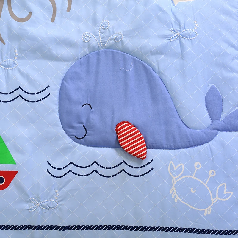 

4 Piece Nursery Crib Bedding Set For Baby Boy Navy Blue Whale pattern 3D Applique 100% polyester-quilt/fitted sheet/bumpers