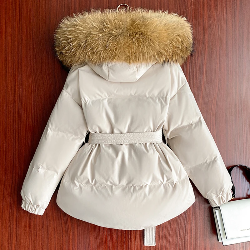 Fitaylor Winter Large Natural Real Fur Collar Hooded Feather Jacket Women Slim Warm Down Coat Thickening Short Outwear with Belt | Женская