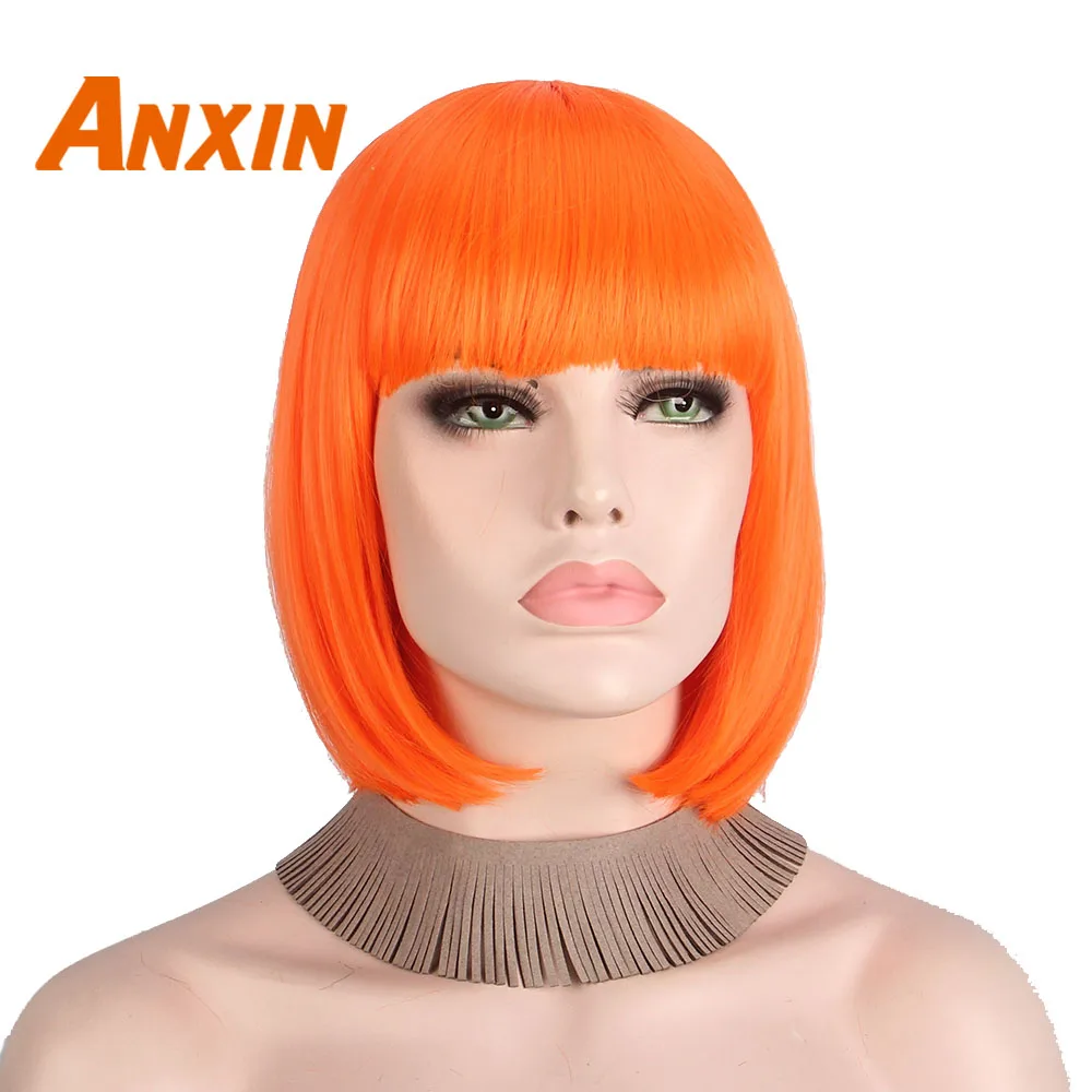 Anxin Короткий прямой парик 12 дюймов оранжевый с челкой женский косплей аниме