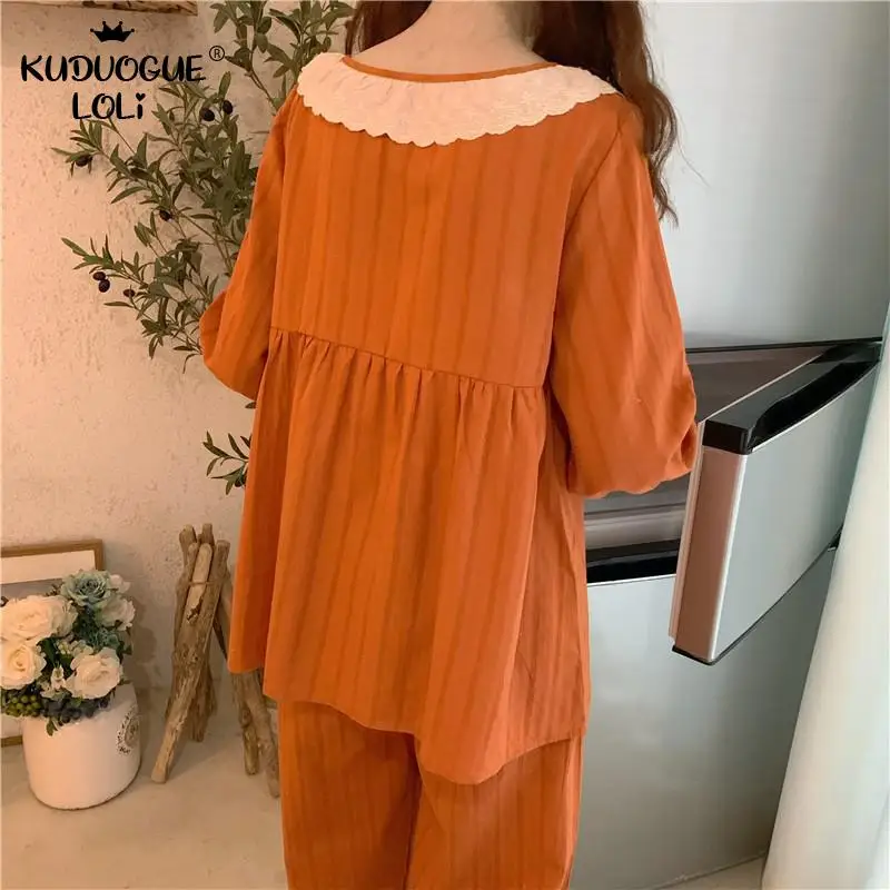 

Sweet Princess Style Homewear Girls Nightwear Women's Pajamas Long-Sleeve Ruffles Nightdress Two-Piece Suit Loose Spring Autumn