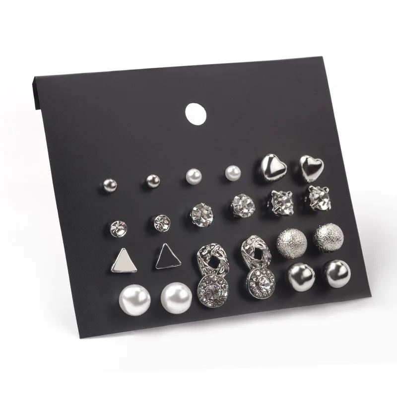 9 Pairs/set Gold Silver Crystal Earrings Set Women Female Round Small Geometric Piercing Earrings for Party Gift Wholesale