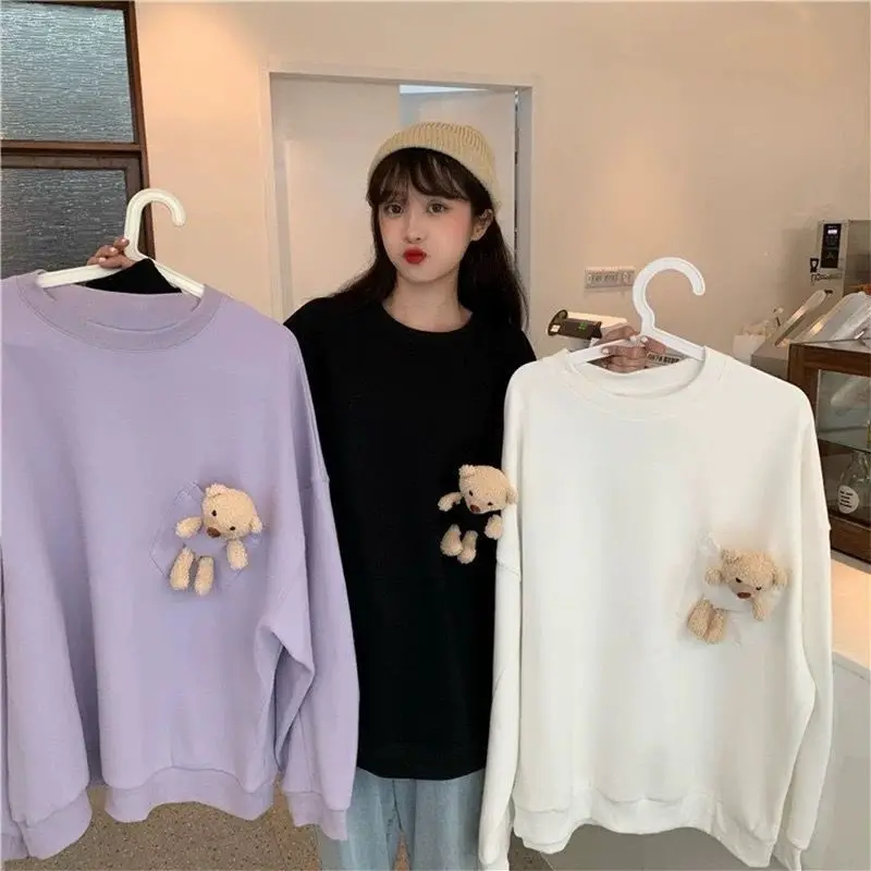 

2020 Fashion Harajuku Winter Bear doll Hoodie Women Loose Korean Style Sweatshirt Streetwear Flower Printing Hoodies Pullovers