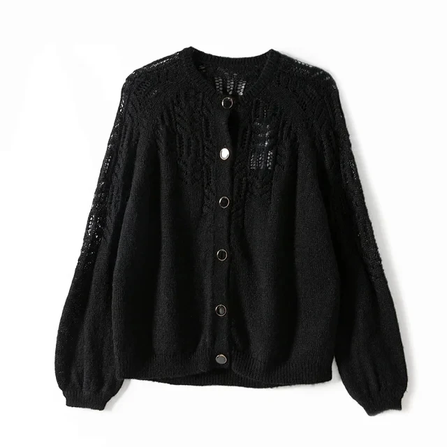 

Spring Women Hollow Out Knitted Cardigan O Neck Solid Color Single Breasted Knitted Sweater Knitwear