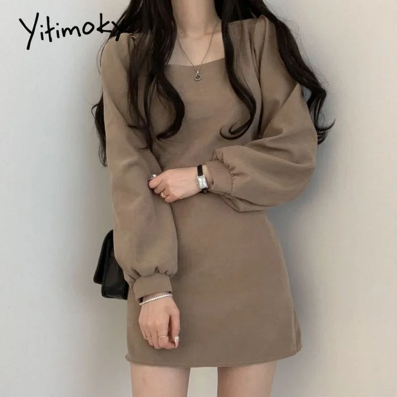

Винтажное мини-платье Yitimoky с высокой талией для женщин, модель 2021 года, с пышными рукавами и квадратным вырезом, одноцветное, а-силуэт, весен...