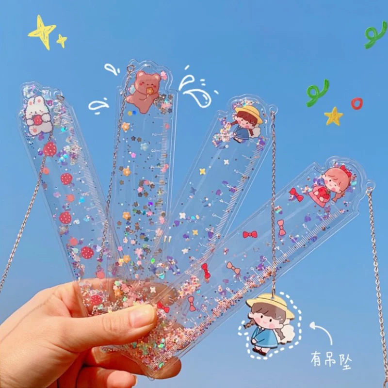

1pc Creative Cute Bear and Rabbit Ruler Quicksand In The Oil Ruler Cartoon Fresh Children School Stationery