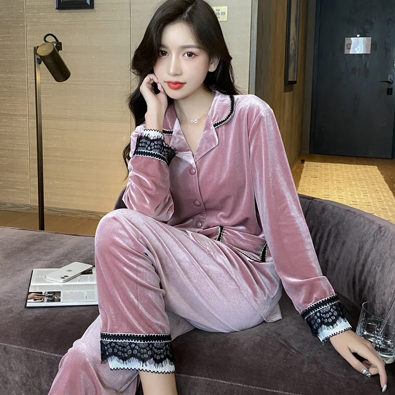 

Women's Pajamas Set Winter Warm Flannel Buttons Elastic Waist Sleepwear Set Golden velvet Women's Long Sleeve Nightwear Top Long