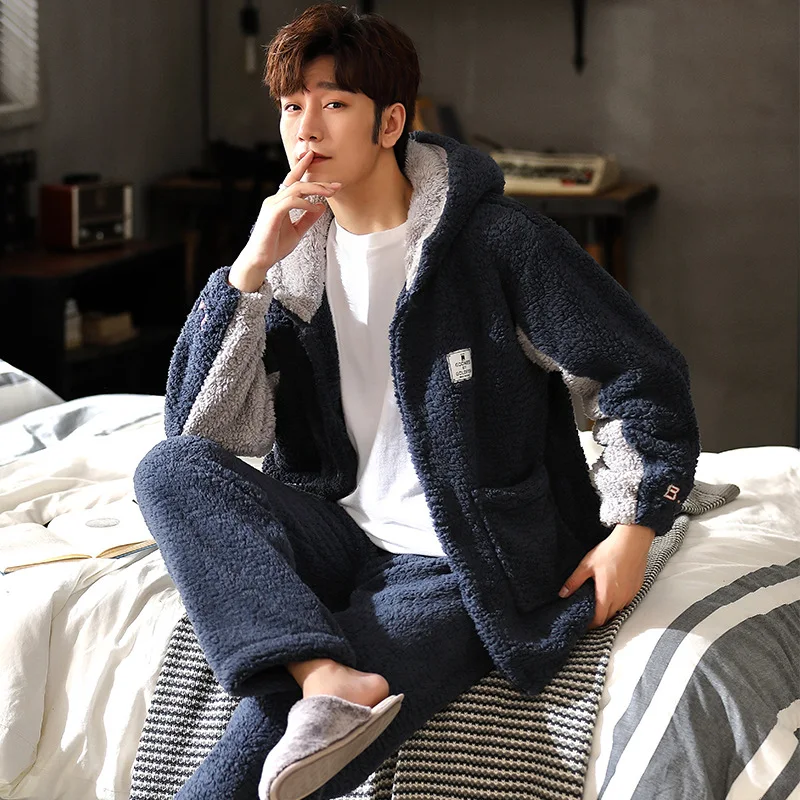 Winter Warm Hooded Pajama Sets Double Sides Thick Flannel Antistatic Male Pajamas Soft Elastic Waist Long Pants Plus Size Pijama