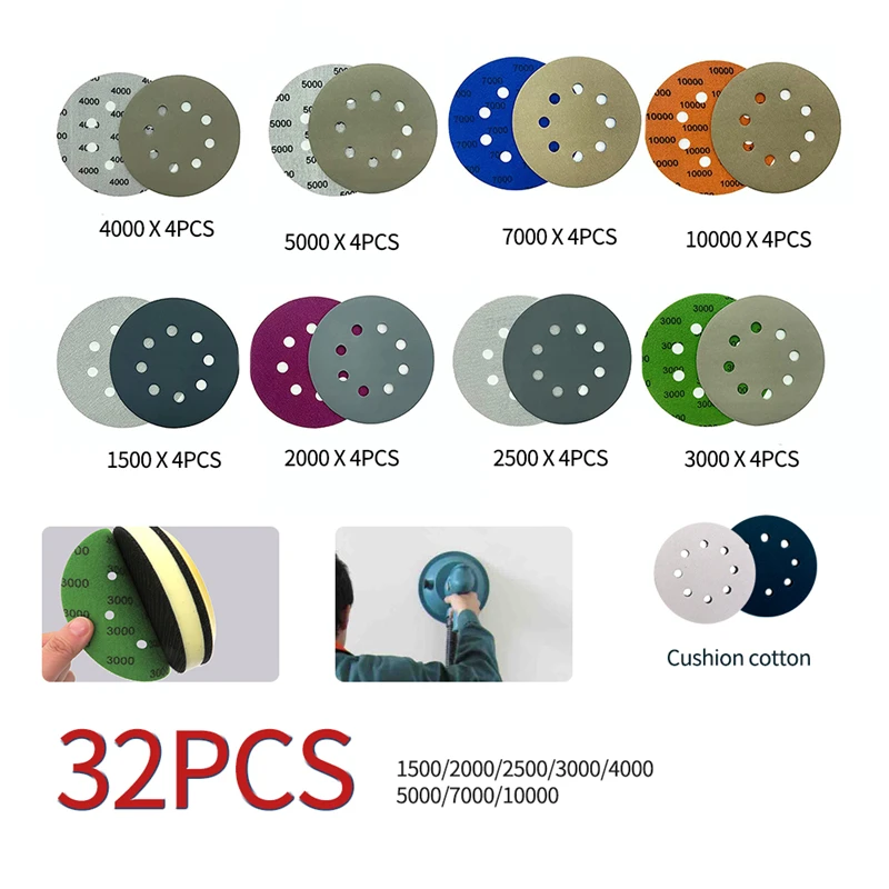 

32pcs Sandpaper 8 Hole 5 Inch Sanding Discs Hook Loop Discs 1500-10000 Grit Wet Dry Sand Papers 2pcs Soft Buffer Interface Pads