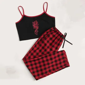 Fashion Women Sleeveless Dragon Printed Crop Tops Sleepwear Plaid Long Pants Temptation Two Piece Set Homewear Pyjama Femme#g3 1