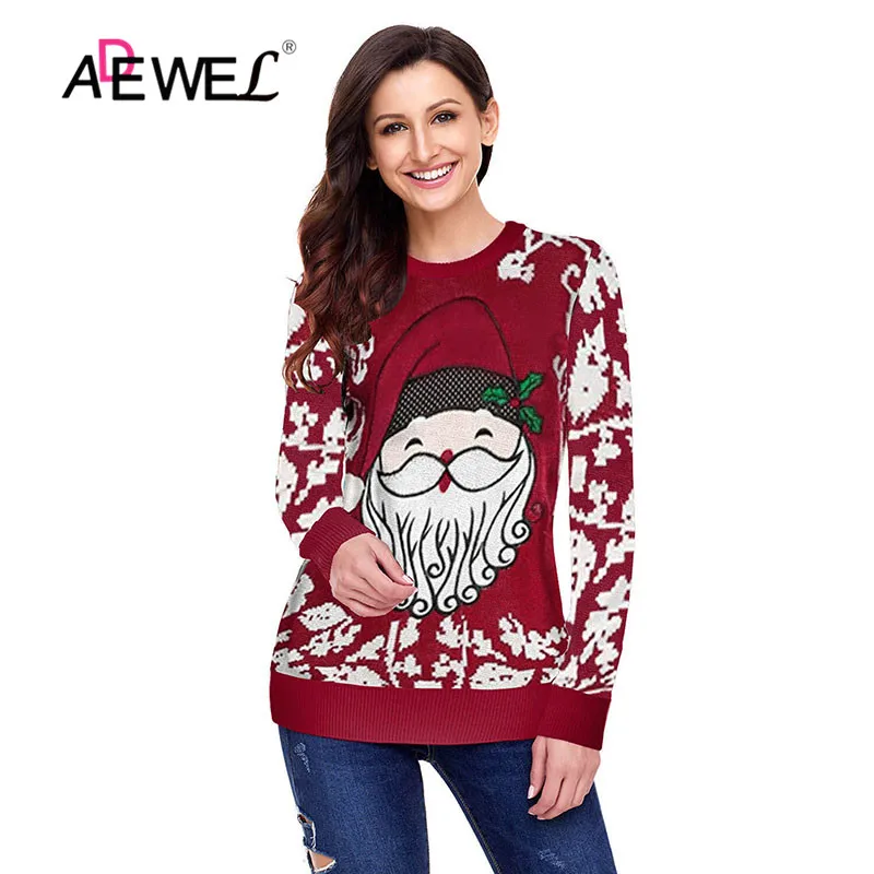 ADEWEL Reindeer Santa Clause Cartoon Print Ugly Christmas Sweater Funny Pullover Warm Knitted Womens Sweaters Tops Red Black | Женская