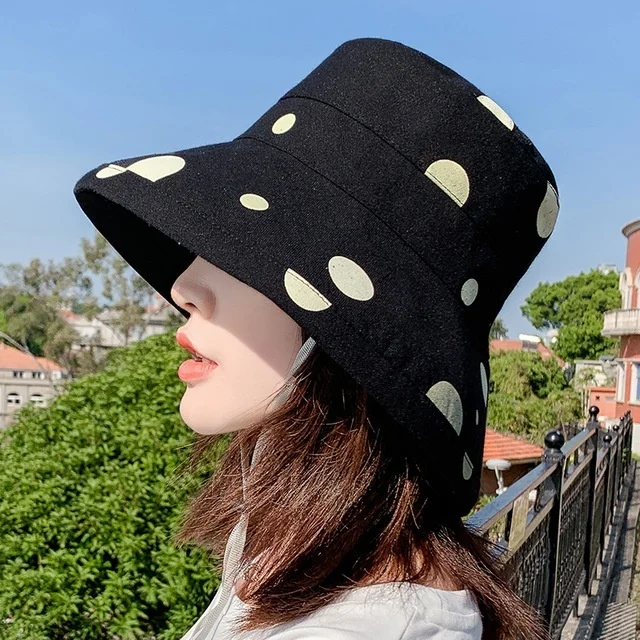 

Big Wave Wide Brim Sun Hats for Women Summer Beach Cotton Sun Visor Caps Female Foldable Bucket Hat