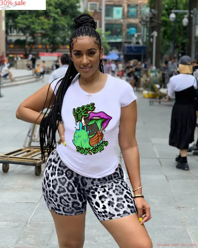 2020 Summer 2 Piece Set Biker Shorts Clothes Women Printed Cartoon T Shirt Tops Leopard Tracksuits Jogger |