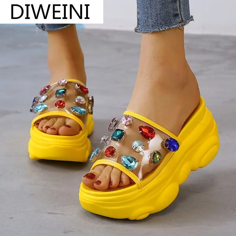 

Women's Crystal Slippers Transparent Fashion Summer Thick-soled Shoes Woman Comfortable Slope with Beach Sandals Bear Bottom