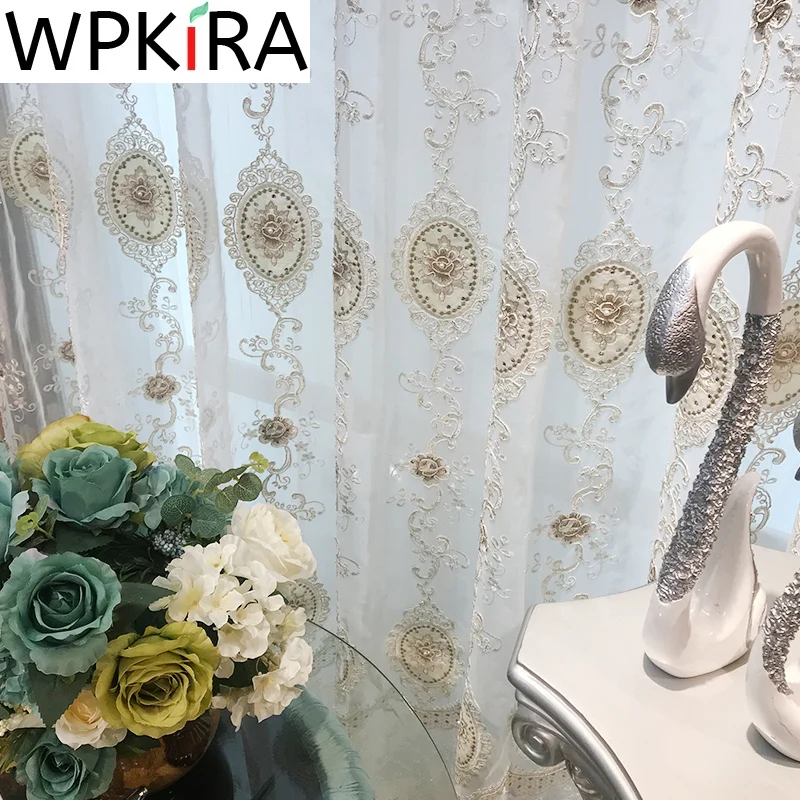Роскошная Европейская занавеска из вуали с 3D тиснением и жемчугом для гостиной