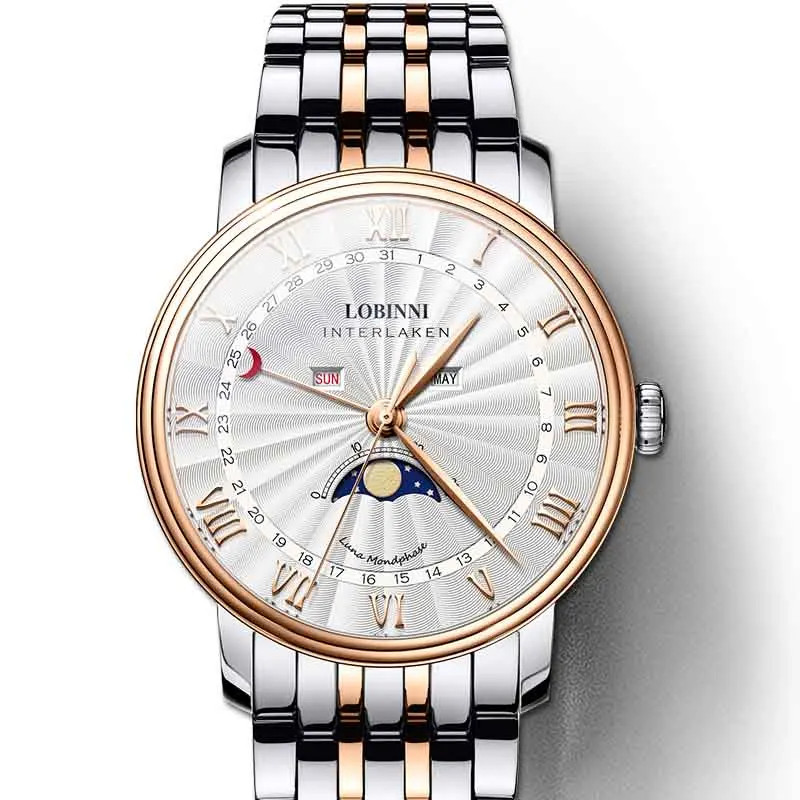 Rose Gold Steel LOBINNI Роскошные Брендовые мужские часы сапфир водонепроницаемый Moon Phase кварцевые часы мужские кожаные reloj hombre календарь horloges mannen - Цвет: Rose Gold Steel